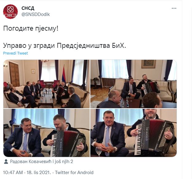 Dodiku u Predsjedništvu harmonikaš svirao 'Srbija je mene majka rodila'